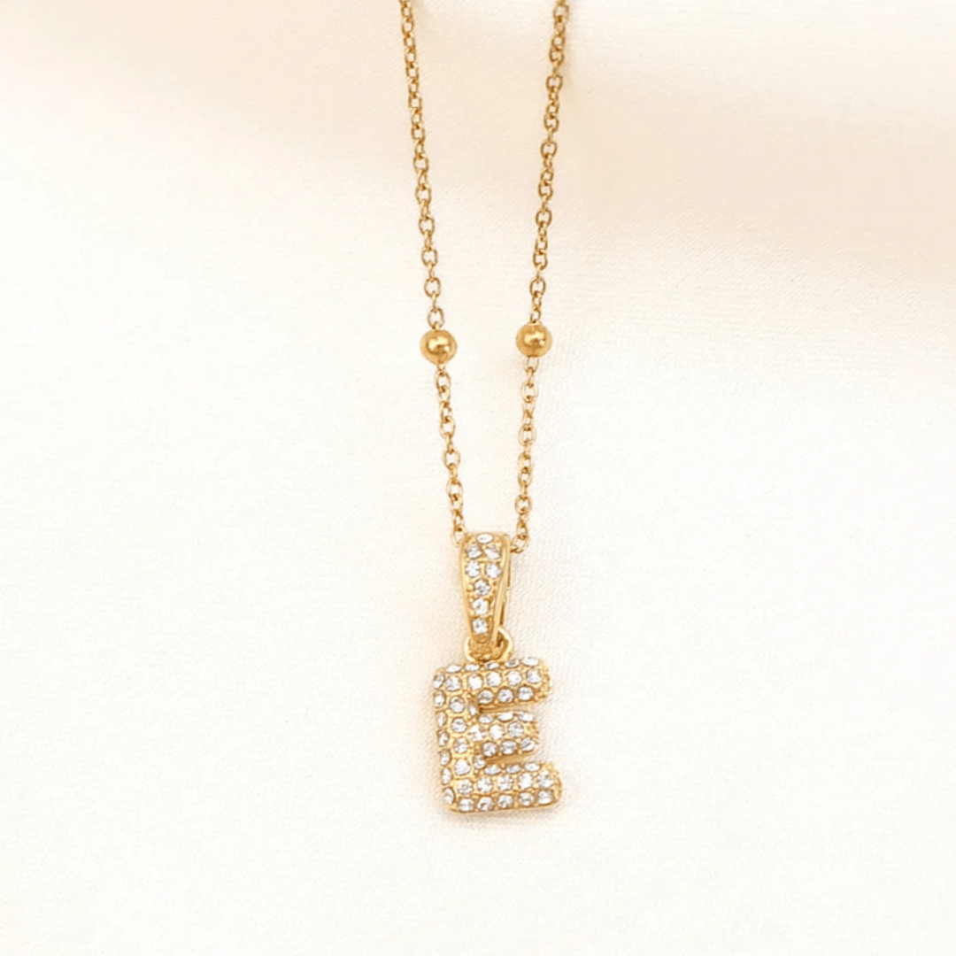 gold plated bubble letter necklace with E initial – custom name necklace for women