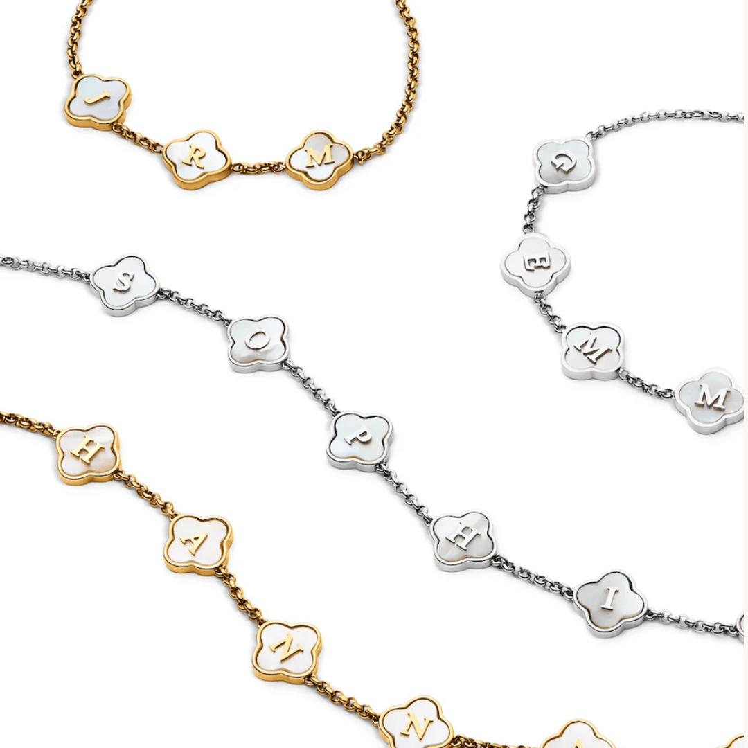 adjustable pearl clover bracelet available in gold and silver with custom engraving