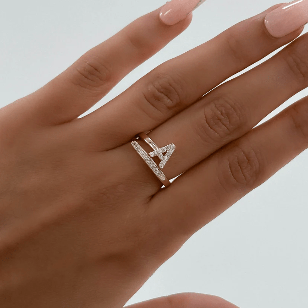 personalised gold initial ring A – engraved statement ring with pavé stones