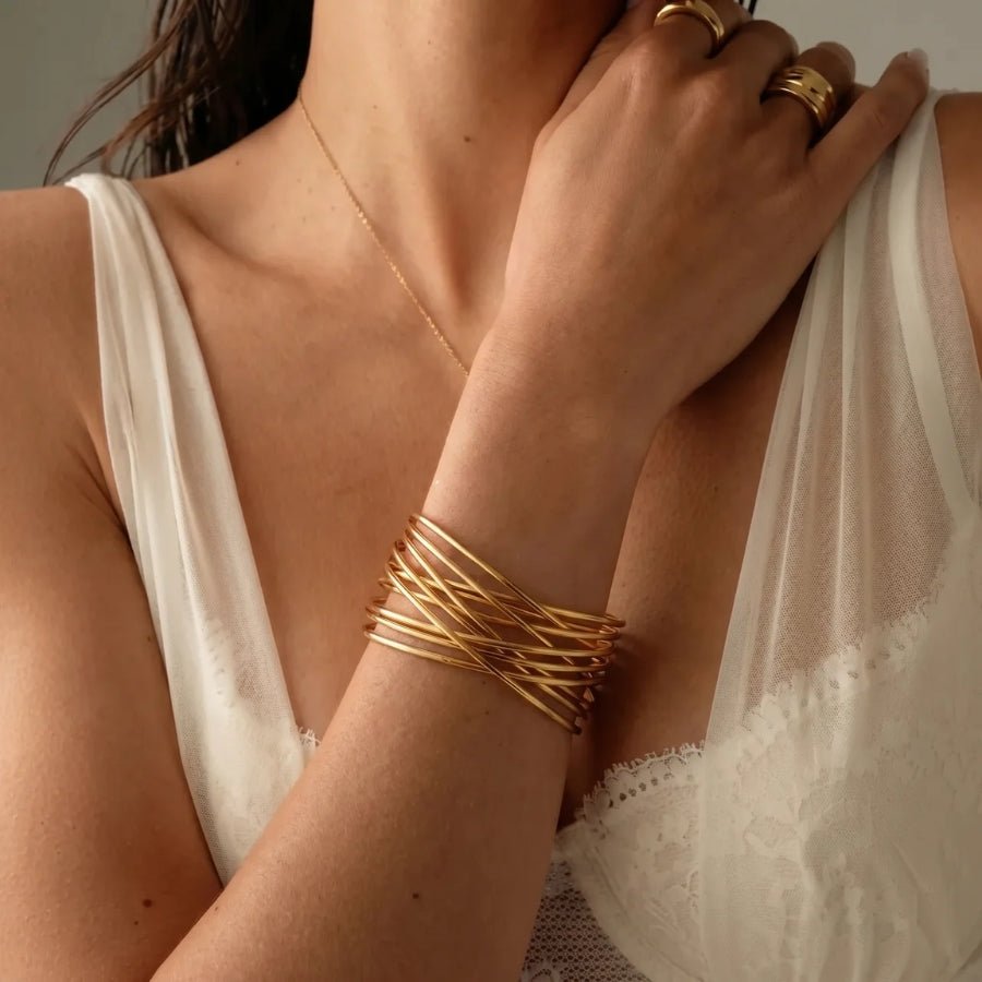 The Aurora Cuff worn on wrist